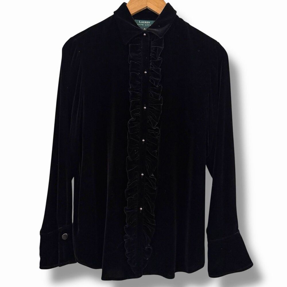 Lauren Ralph Lauren Ruffled Velvet Shirt Women’s Size S Button Front Silk Blend